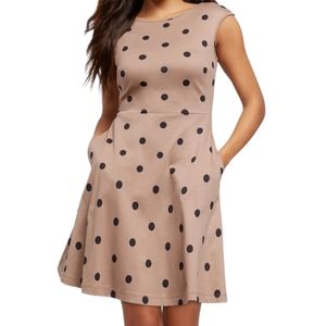 New York & Company Fit and Flare Tan and Black Polka Dot Mini Dress | Size XL